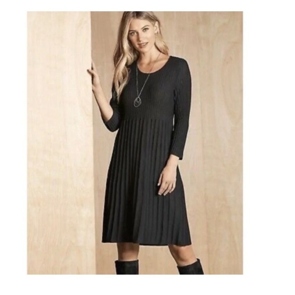 Eileen Fisher Washable Wool Scoop Neck Ribbed Dress Black XS NWT Flaw